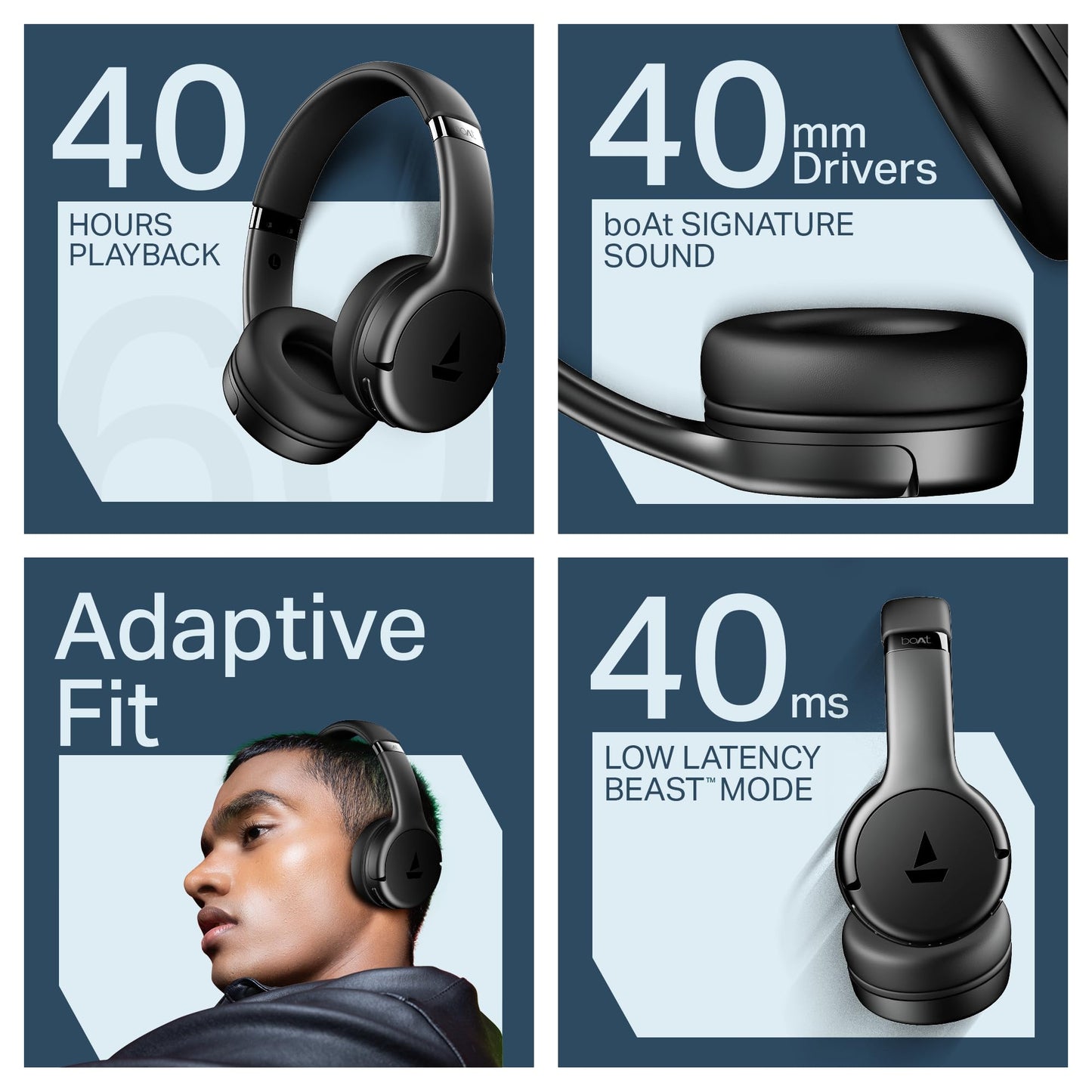 Wavex boAt Rockerz 411 (2025 Launch), 40Ms Low Latency, 40Hrs Battery, 40Mm Drivers, Enx Tech, Integrated Controls, V5.4 Bluetooth Headphones, Wireless Over Ear Headphone with Mic (Active Black)