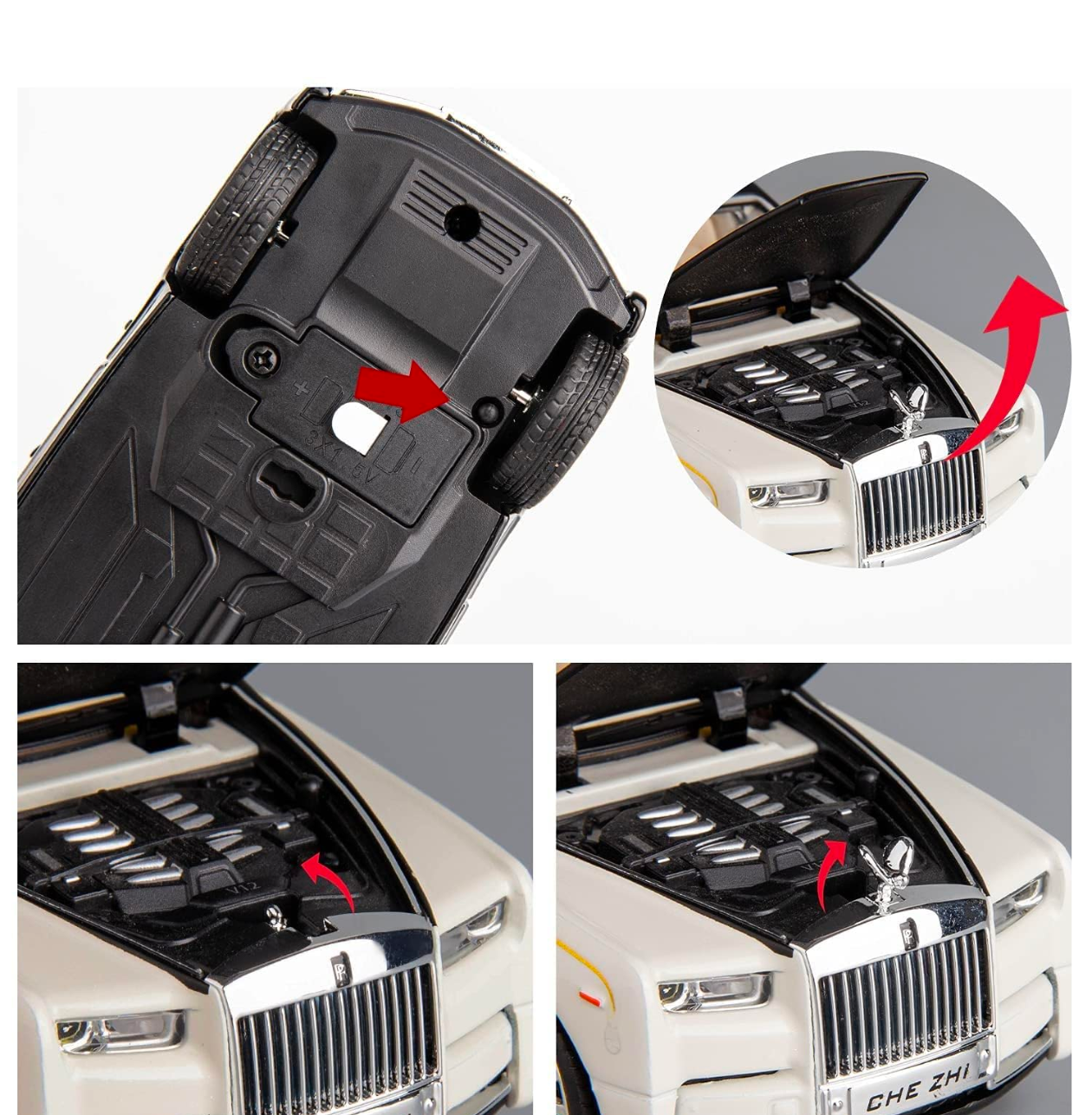 Metal car 1/32 Phantom Model Car Zinc Alloy Pull Back Toy Diecast Toy Cars with Openable Doors, Sound and Light for Kids Boy Girl Gift(White Black)