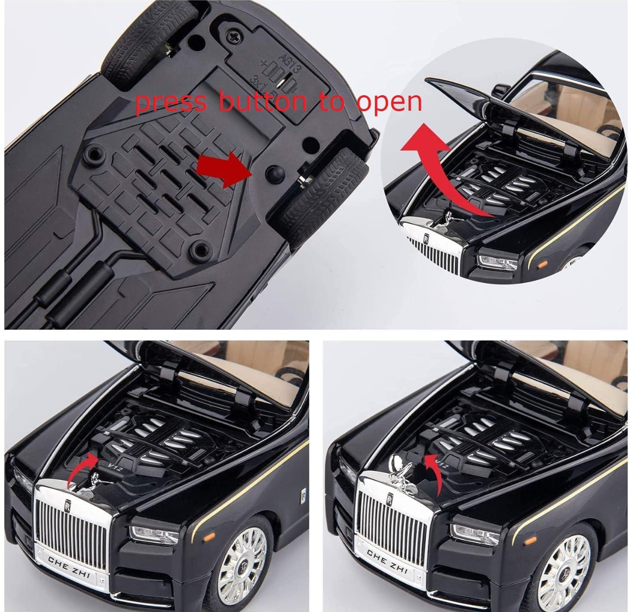 Metal car 1/32 Phantom Model Car Zinc Alloy Pull Back Toy Diecast Toy Cars with Openable Doors, Sound and Light for Kids Boy Girl Gift(White Black)