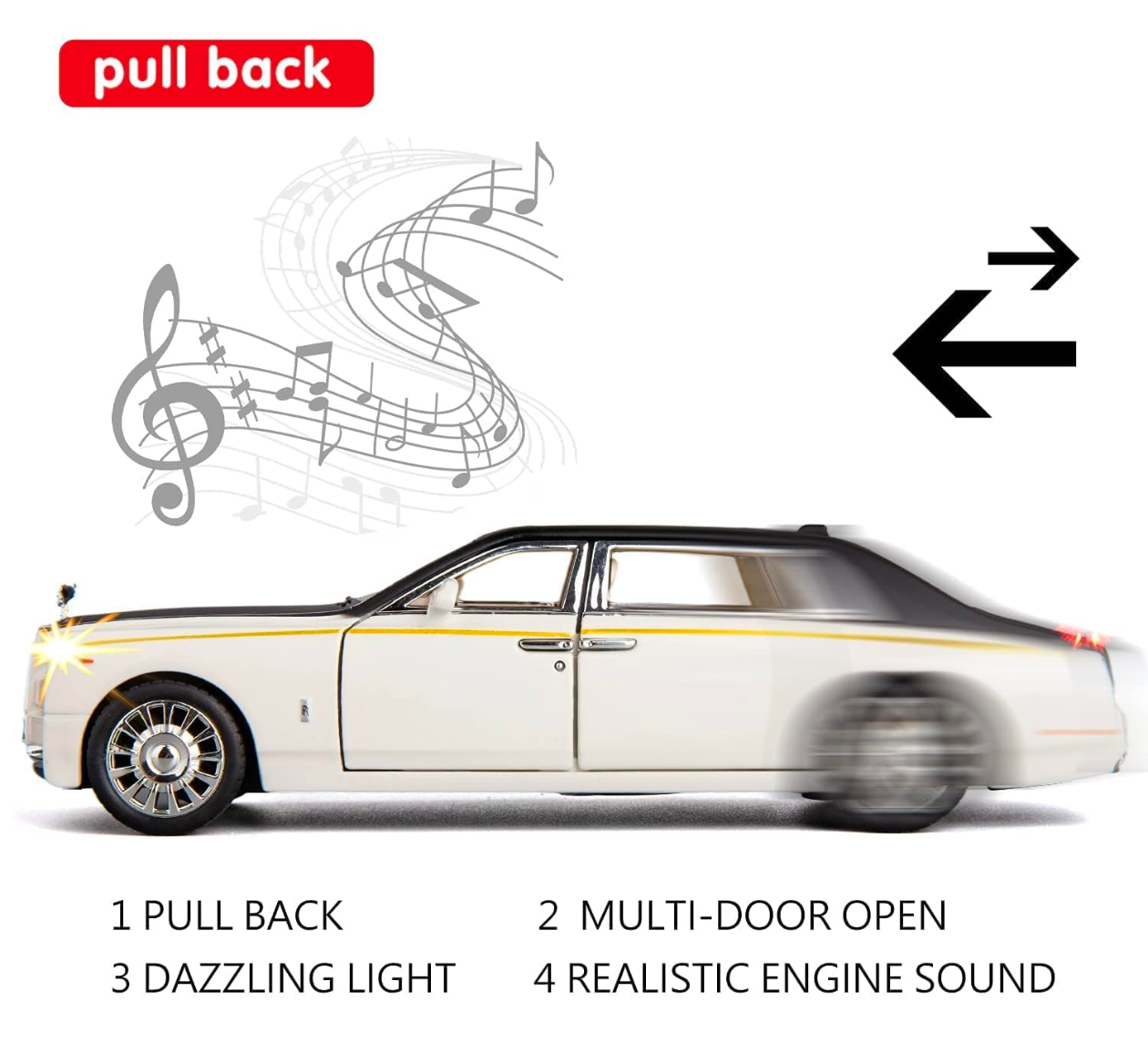 Metal car 1/32 Phantom Model Car Zinc Alloy Pull Back Toy Diecast Toy Cars with Openable Doors, Sound and Light for Kids Boy Girl Gift(White Black)