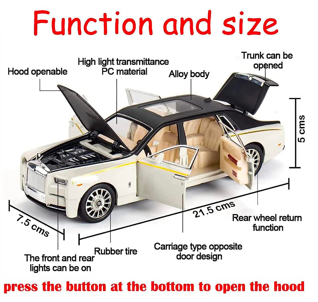 Metal car 1/32 Phantom Model Car Zinc Alloy Pull Back Toy Diecast Toy Cars with Openable Doors, Sound and Light for Kids Boy Girl Gift(White Black)
