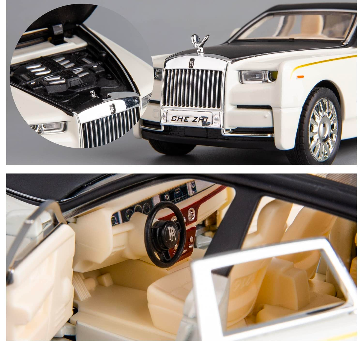 Metal car 1/32 Phantom Model Car Zinc Alloy Pull Back Toy Diecast Toy Cars with Openable Doors, Sound and Light for Kids Boy Girl Gift(White Black)
