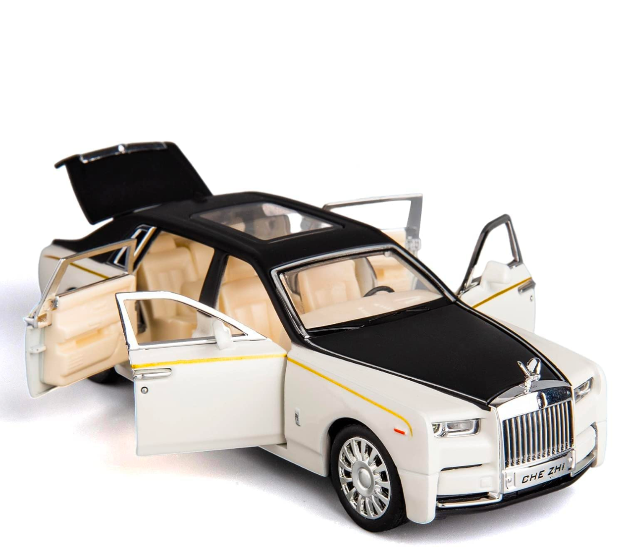 Metal car 1/32 Phantom Model Car Zinc Alloy Pull Back Toy Diecast Toy Cars with Openable Doors, Sound and Light for Kids Boy Girl Gift(White Black)